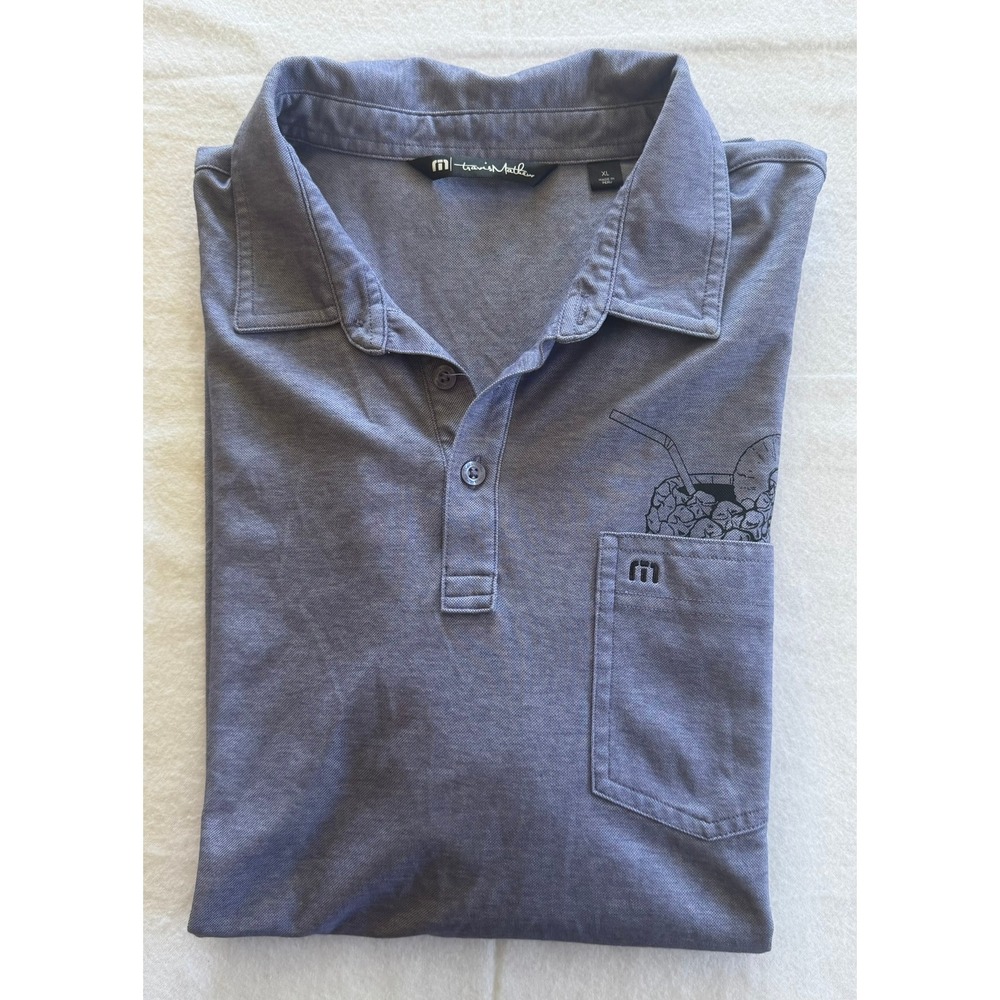 TravisMathew Mens XL Polo Shirt Heather Blue Purple‎ Tropical Drink Pocket Golf